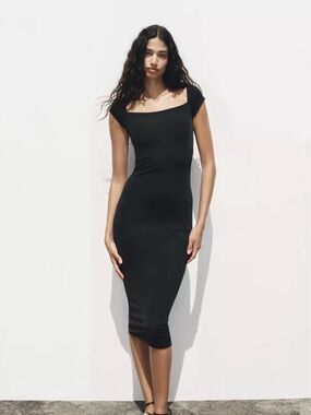 Zara NEW ❗️Black Midi Square-Neck Bodycon Dress
